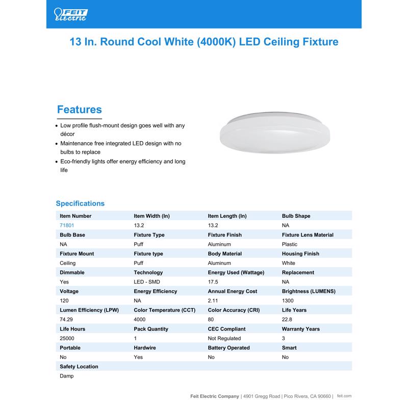 Feit LED 2.4 in. H X 13.2 in. W X 13.2 in. L Aluminum White LED Ceiling Light Fixture