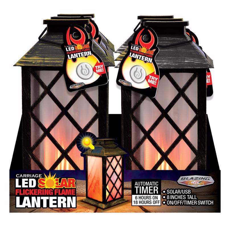 Blazing LEDz 9 in. Solar Power Plastic Carriage Flicker Flame Assorted Flameless Lantern