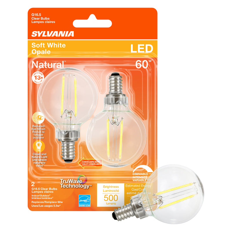 Sylvania Natural G16.5 E12 (Candelabra) LED Bulb Soft White 60 Watt Equivalence 2 pk