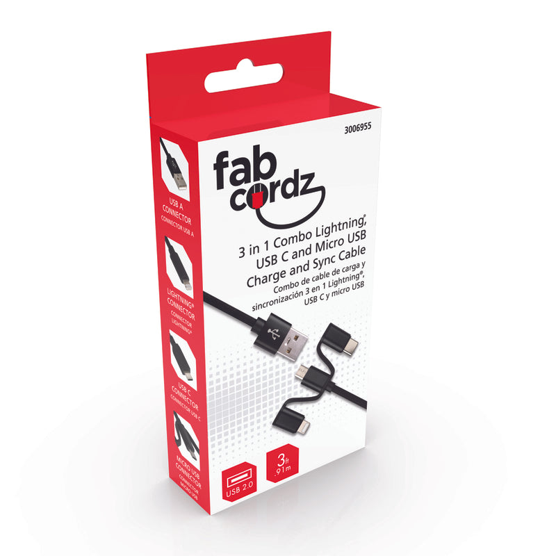 Fabcordz Lightning, Type C and Micro USB Cable 3 ft. Black