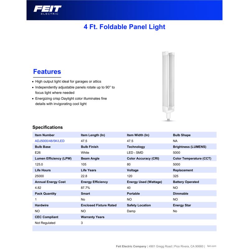 Feit 40 W ED26 LED Foldable Light 5000 lm Daylight High Lumen 1 pk