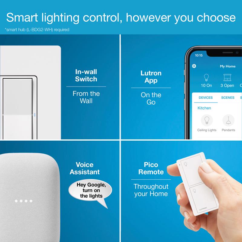 Lutron Caseta 5 amps Single Pole Smart Smart-Enabled Rocker Switch White 1 pk