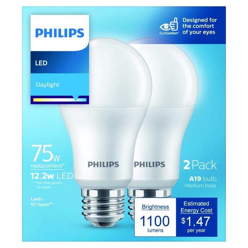Philips A19 E26 (Medium) LED Bulb Daylight 75 Watt Equivalence 2 pk