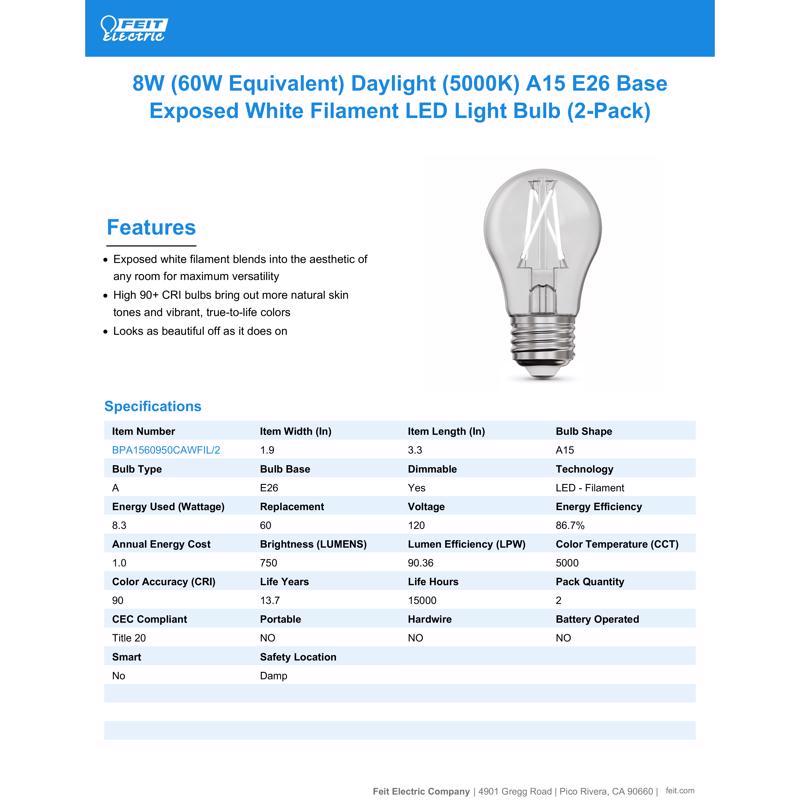 Feit White Filament A15 E26 (Medium) Filament LED Bulb Daylight 60 Watt Equivalence 2 pk
