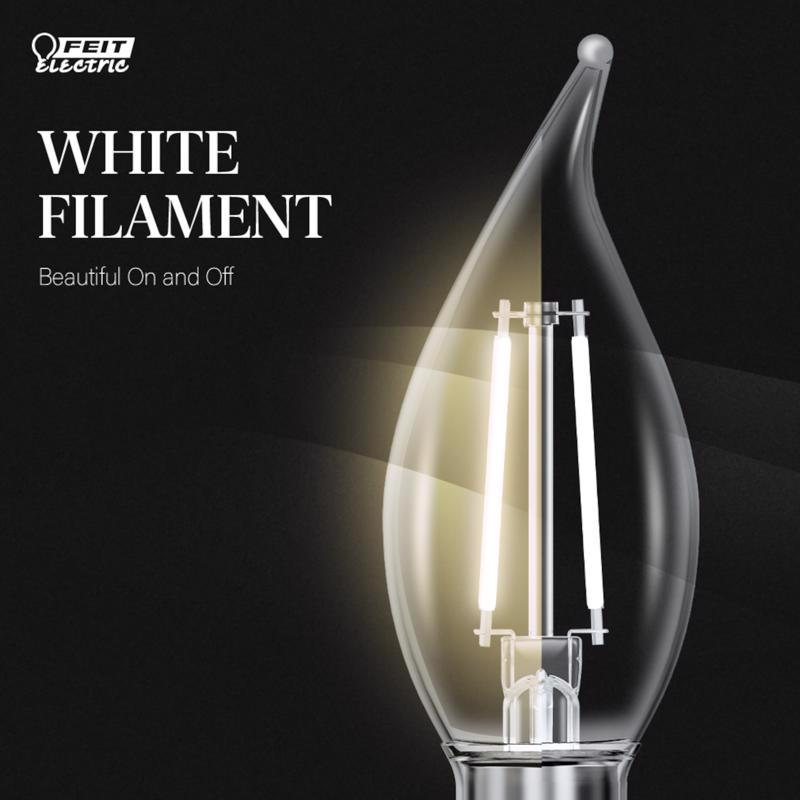Feit White Filament BA10 E12 (Candelabra) Filament LED Bulb Soft White 60 Watt Equivalence 2 pk