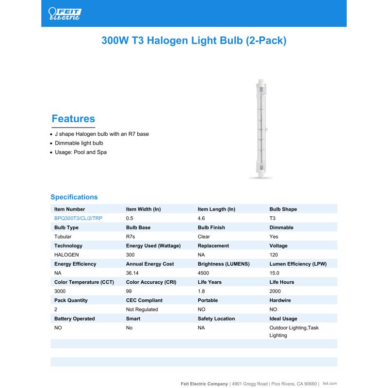 Feit 300 W T3 Tubular Halogen Bulb 4500 lm Warm White 2 pk