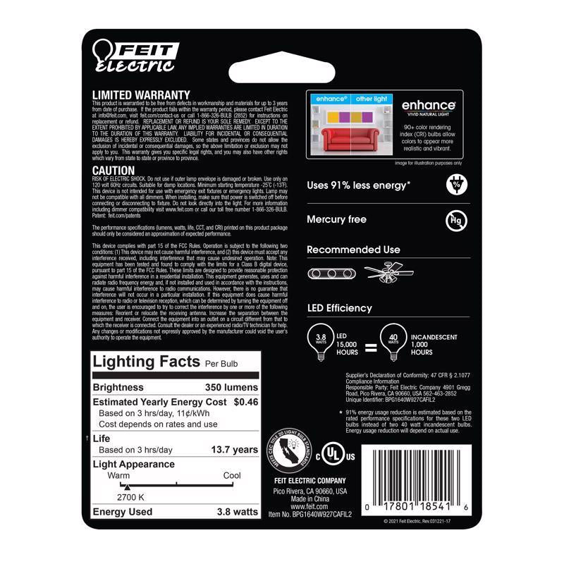 Feit LED FILAMENT G16.5 E26 (Medium) Filament LED Bulb Soft White 40 Watt Equivalence 2 pk