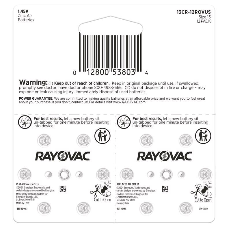 Rayovac Zinc Air 13 1.45 V Hearing Aid Battery 12 pk