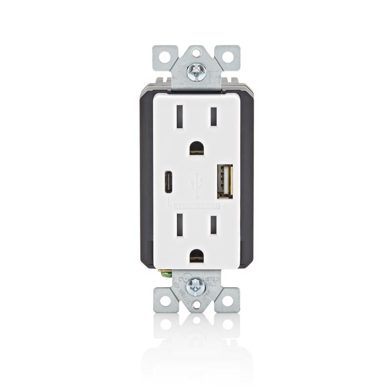 Leviton Decora 15 amps 125 V Type A/C Duplex White Outlet and USB Charger 5-15 R 1 pk