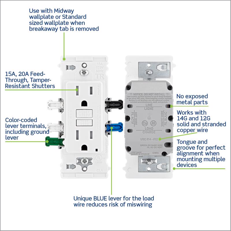 Leviton Lever Edge 125 V White GFCI Outlet 1 pk
