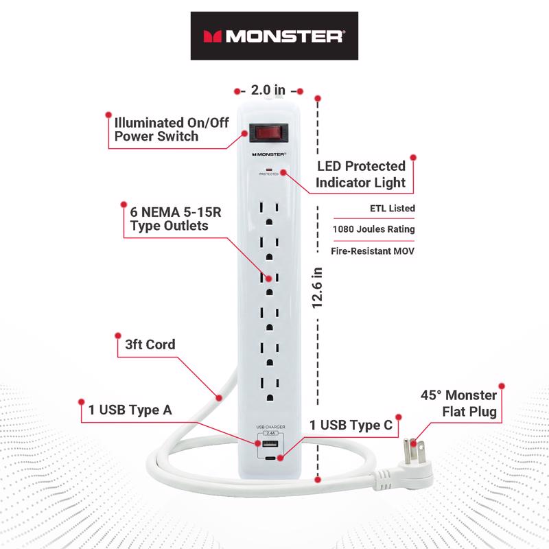 Monster Just Power It Up 3 ft. L 6 outlets Surge Protector w/USB White 1080 J