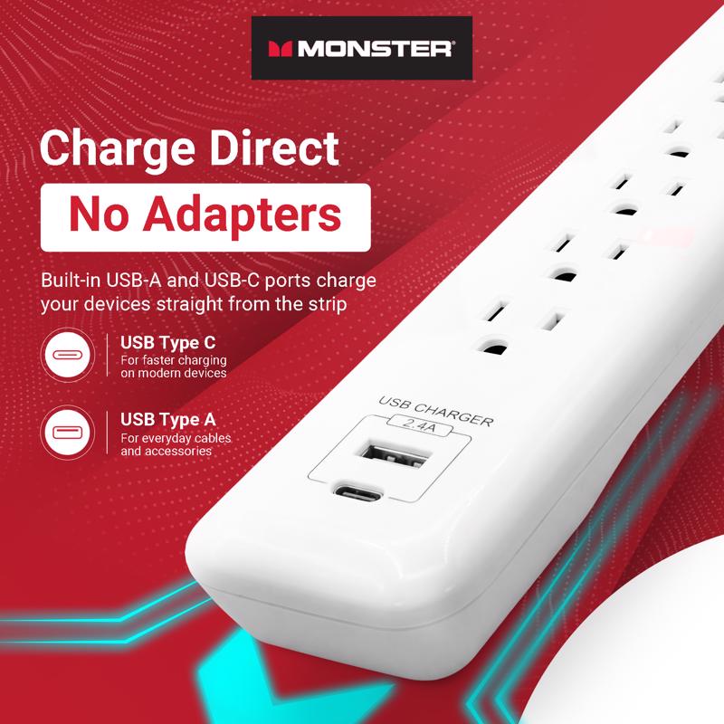 Monster Just Power It Up 3 ft. L 6 outlets Surge Protector w/USB White 1080 J