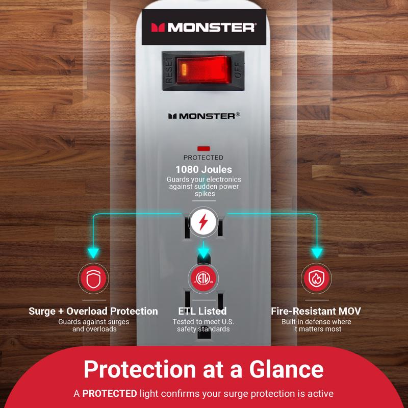 Monster Just Power It Up 3 ft. L 6 outlets Surge Protector w/USB White 1080 J