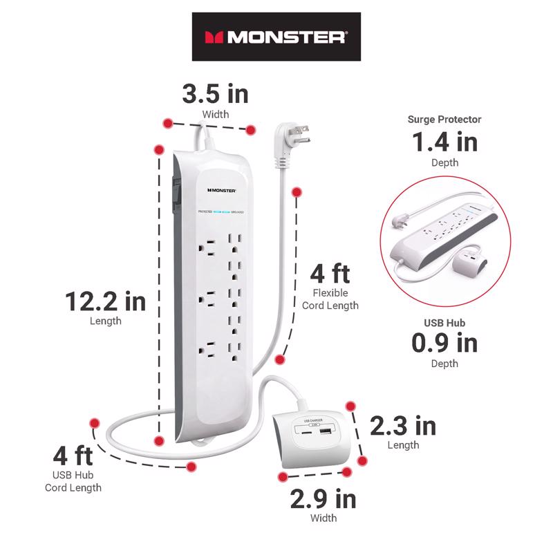 Monster Just Power It Up 4 ft. L 8 outlets Surge Protector w/USB White 1080 J