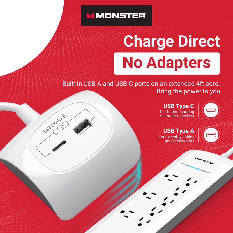 Monster Just Power It Up 4 ft. L 8 outlets Surge Protector w/USB White 1080 J