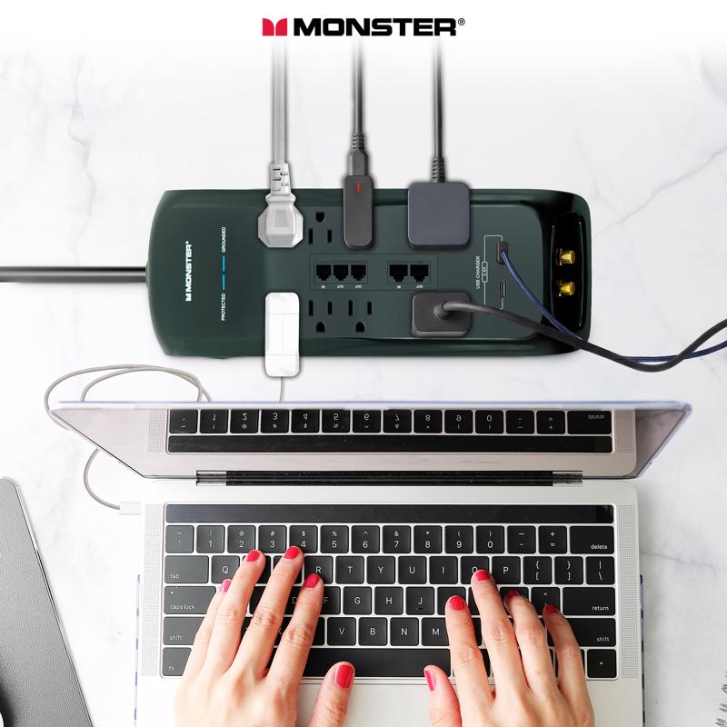 Monster Just Power It Up 6 ft. L 8 outlets Surge Protector w/USB Black 2160 J