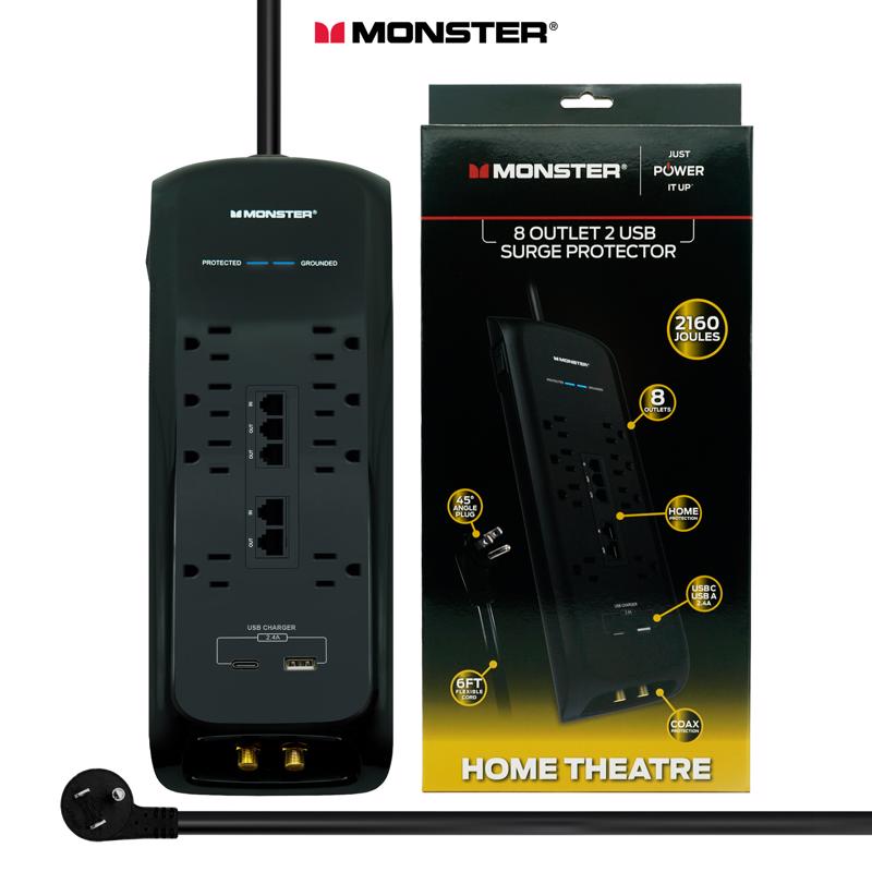Monster Just Power It Up 6 ft. L 8 outlets Surge Protector w/USB Black 2160 J