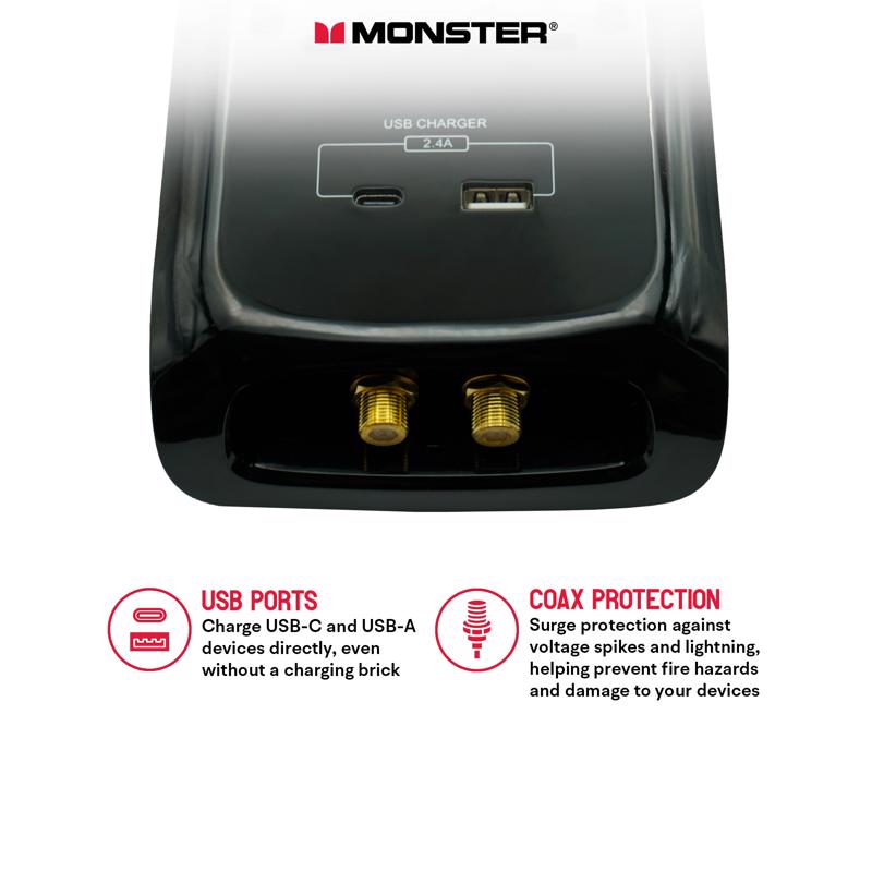 Monster Just Power It Up 6 ft. L 8 outlets Surge Protector w/USB Black 2160 J