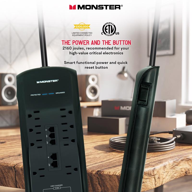 Monster Just Power It Up 6 ft. L 8 outlets Surge Protector w/USB Black 2160 J