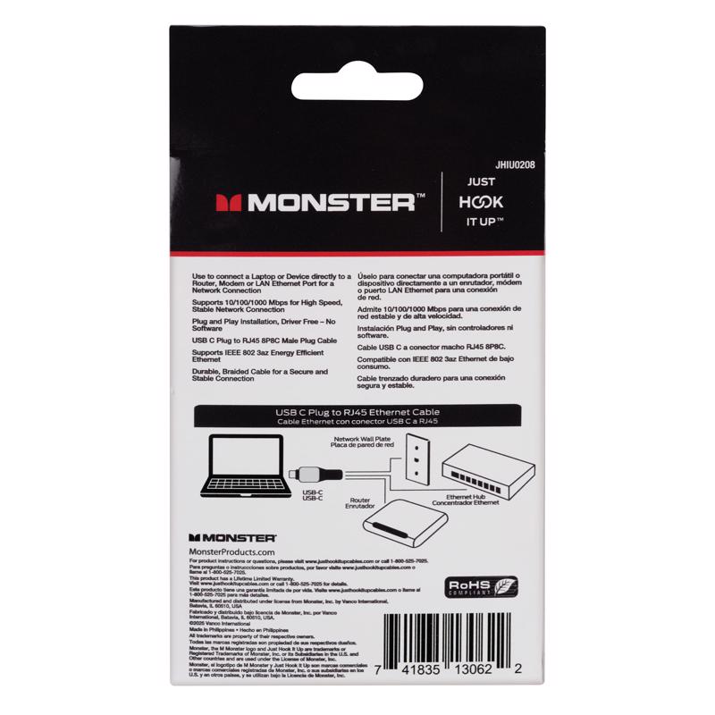 Monster Just Hook It Up 6.6 ft. L USB-C to RJ45 Ethernet Plug Cable