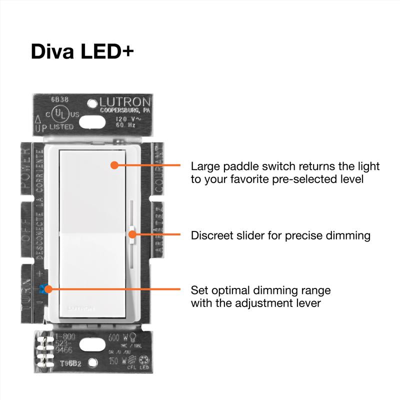 Lutron Diva Gray 150 W Rocker Dimmer Switch 1 pk