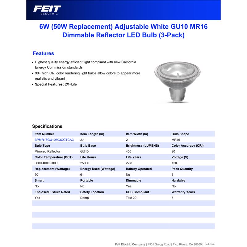 Feit Electric MR16 GU10 LED Bulb Adjustable White 50 Watt Equivalence 1 pk