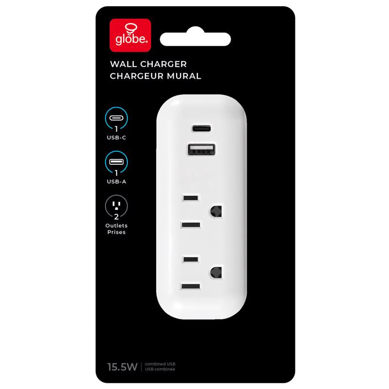 Globe Electric 0 ft. L 2 outlets Wall Tap White