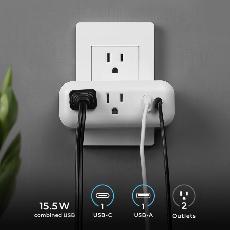 Globe Electric 0 ft. L 2 outlets Wall Tap White