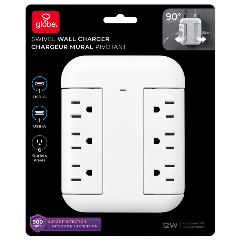 Globe Electric 0 ft. L 6 outlets Wall Tap Surge Protector w/USB White