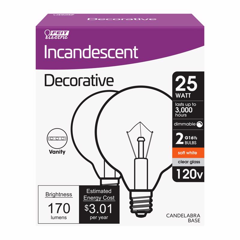 Feit Electric 25 W G16.5 Globe Incandescent Bulb E12 (Candelabra) Soft White 2 pk