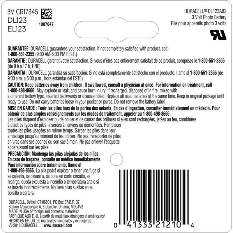 Duracell Lithium 123 3 V 1470 mAh Camera Battery DL123AB2PK 2 pk