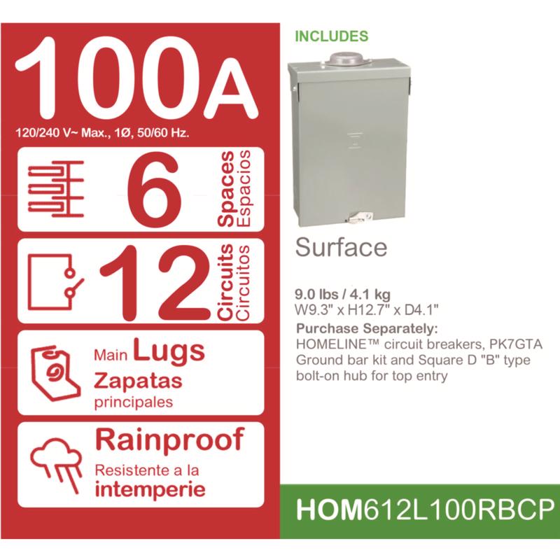 Square D HomeLine 100 amps 120/240 V 6 space 12 circuits Wall Mount Main Lug Load Center
