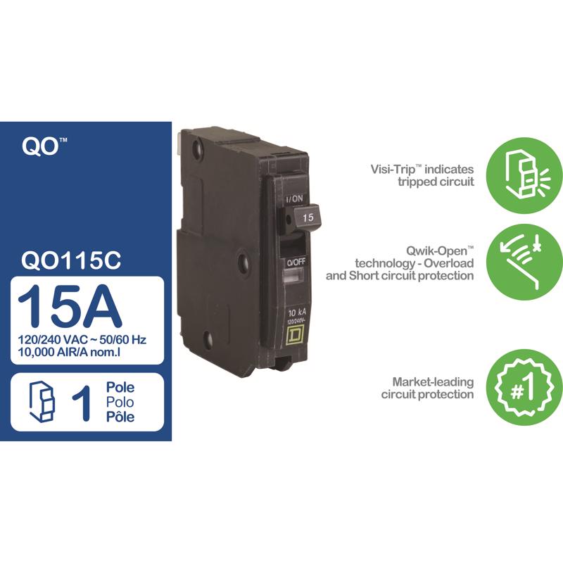 Square D QO 15 amps Plug In Single Pole Circuit Breaker