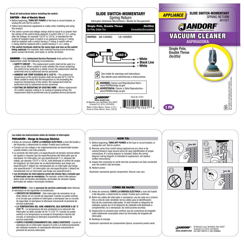 Jandorf 3 amps Single Pole Slide Appliance Switch Black/Silver 1 pk