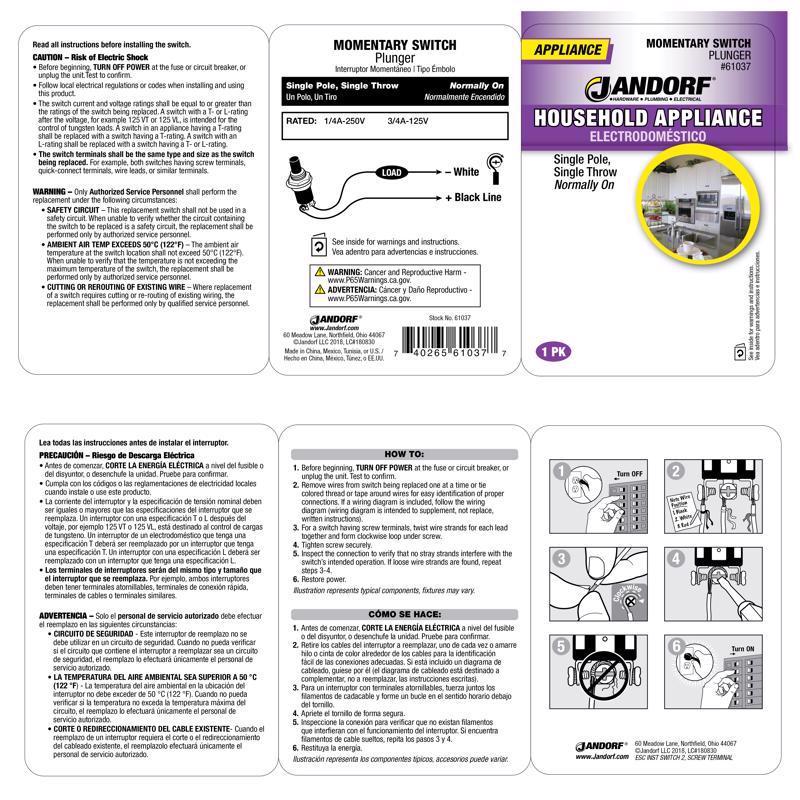 Jandorf 0.25 amps Single Pole Momentary/Normally On Appliance Switch Black 1 pk