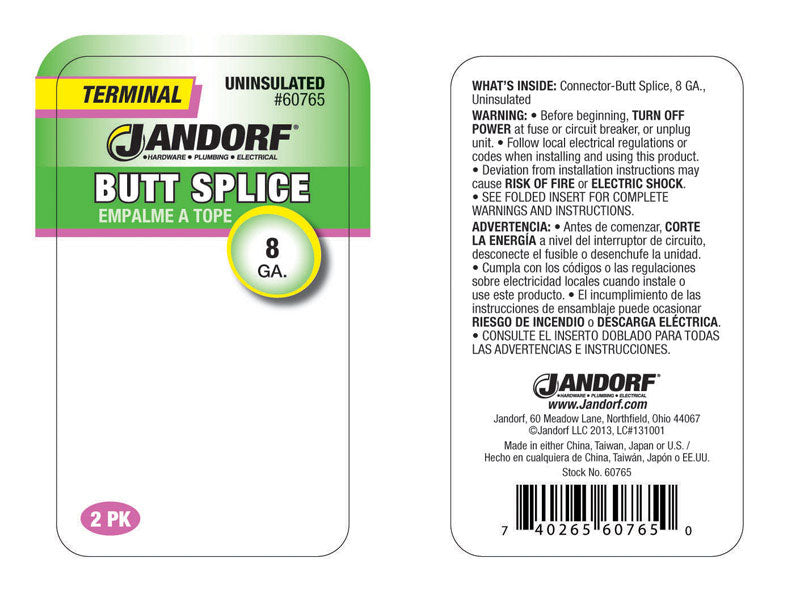 Jandorf 8 Ga. Uninsulated Wire Terminal Butt Splice Silver 2 pk