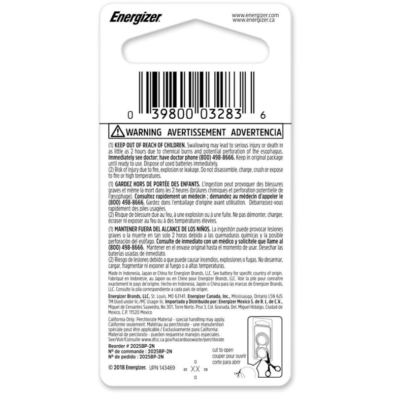 Energizer Lithium 2025 3 V Electronic/Watch Battery 2 pk