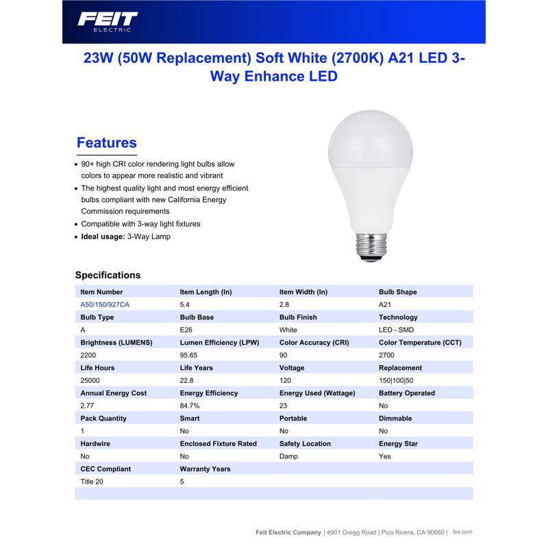 Feit Enhance A21 E26 (Medium) LED Bulb Soft White 50/100/150 Watt Equivalence 1 pk