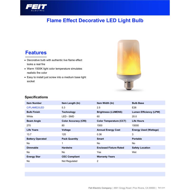 Feit LED Flame Bulb S6 E26 (Medium) LED Bulb Warm Candle Light 30 Watt Equivalence 1 pk
