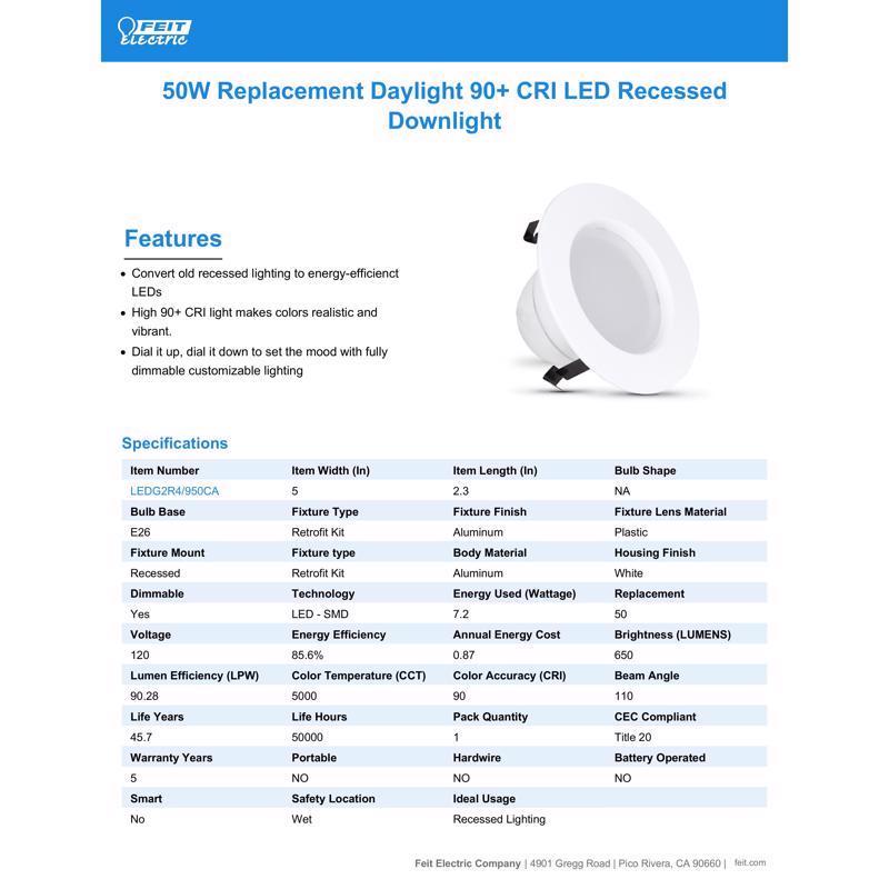Feit Enhance White 5 in. W LED Retrofit Recessed Lighting 7.2 W