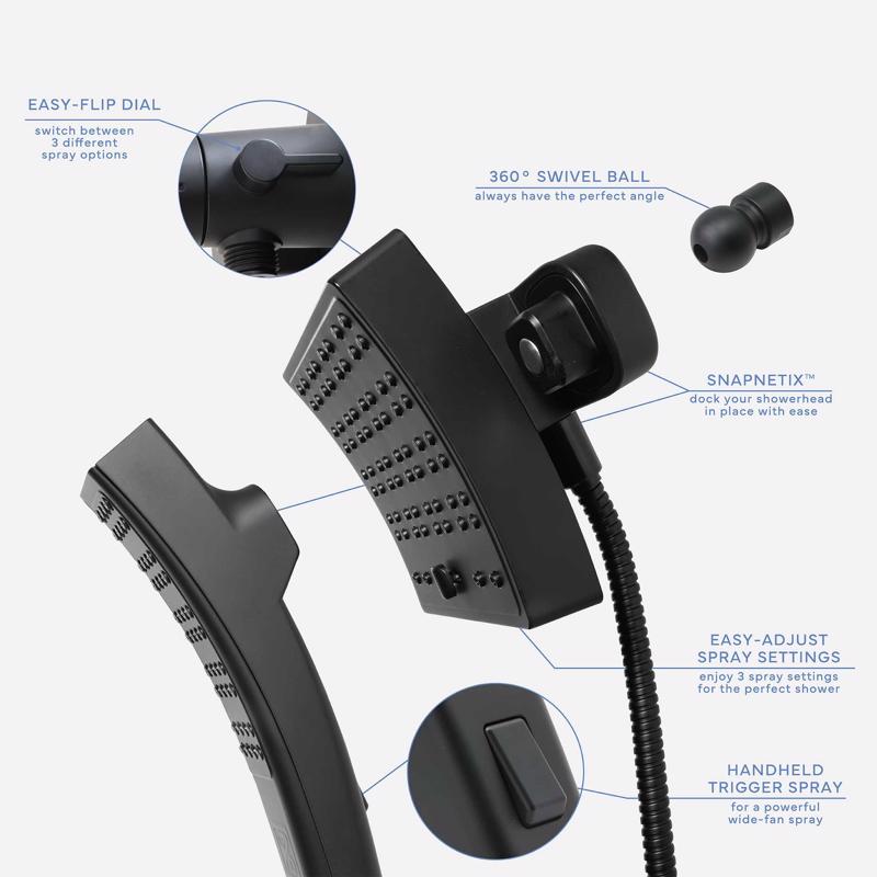 Danco Seventy Matte Black 3 settings Showerhead Combo 1.8 gpm