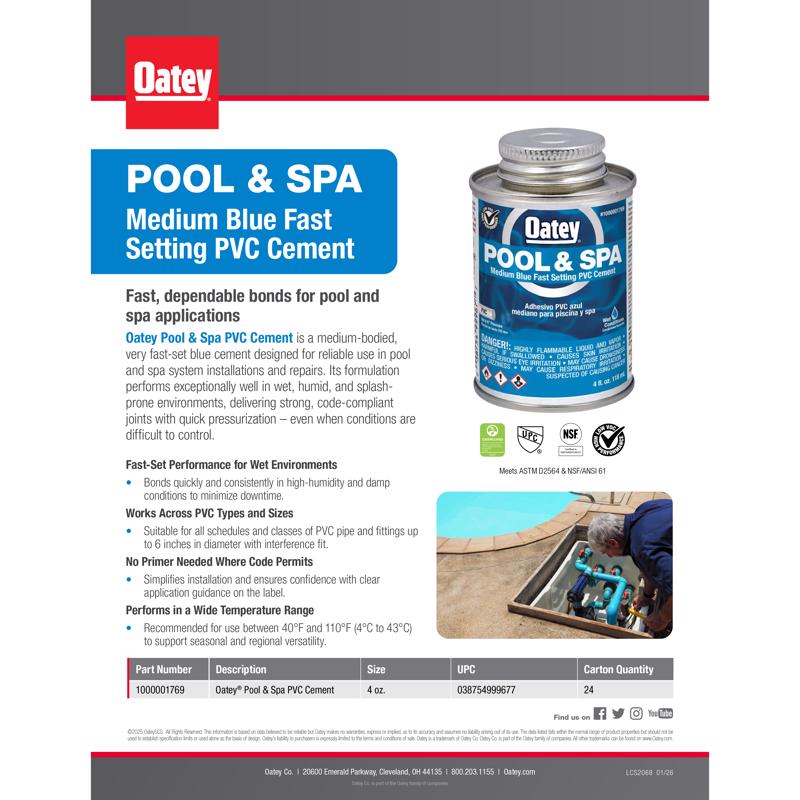 Oatey Blue Solvent Cement For PVC 4 fl. oz.