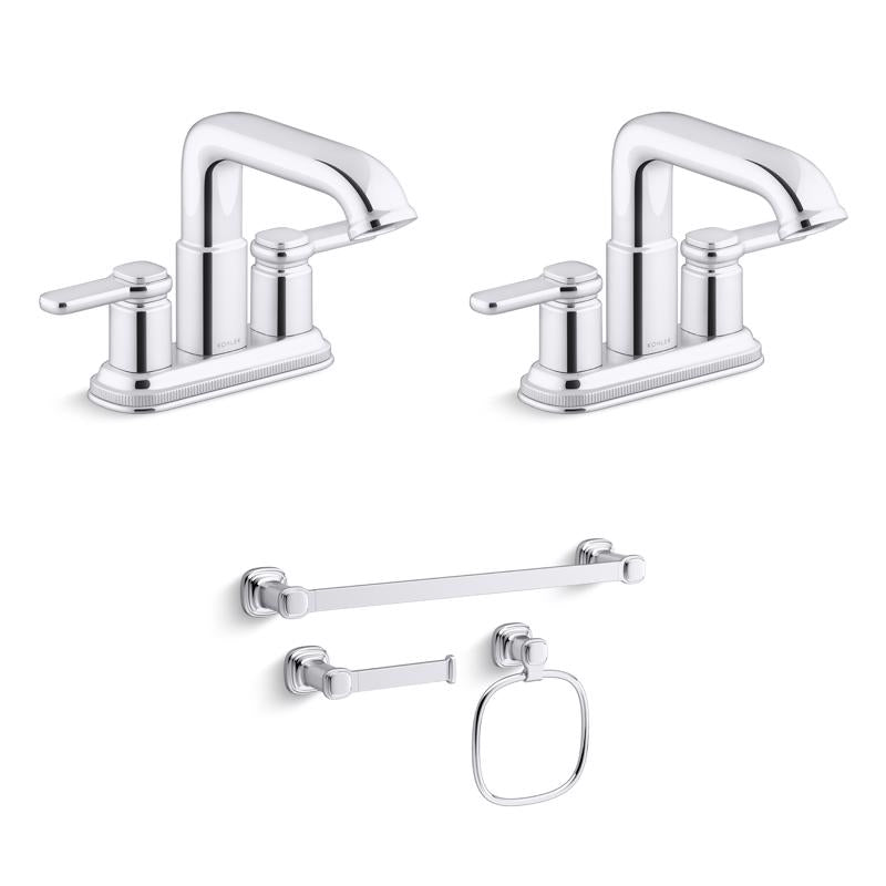 Kohler Envelu Modern 4 Inch Centerset Polished Chrome Faucet and Bath Hardware Kit
