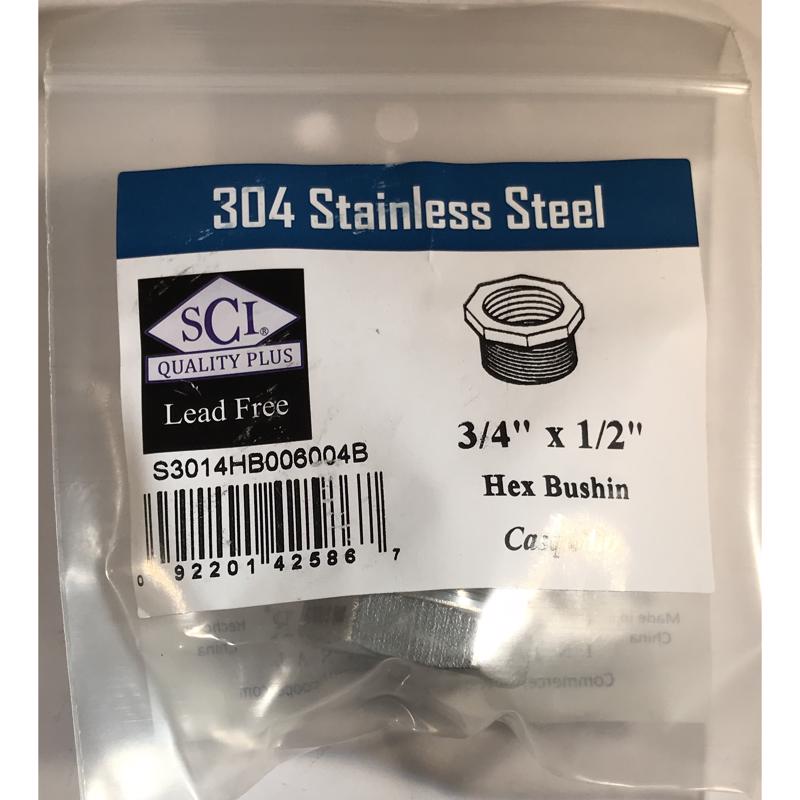 HEX BUSHING 3/4X1/2" SS