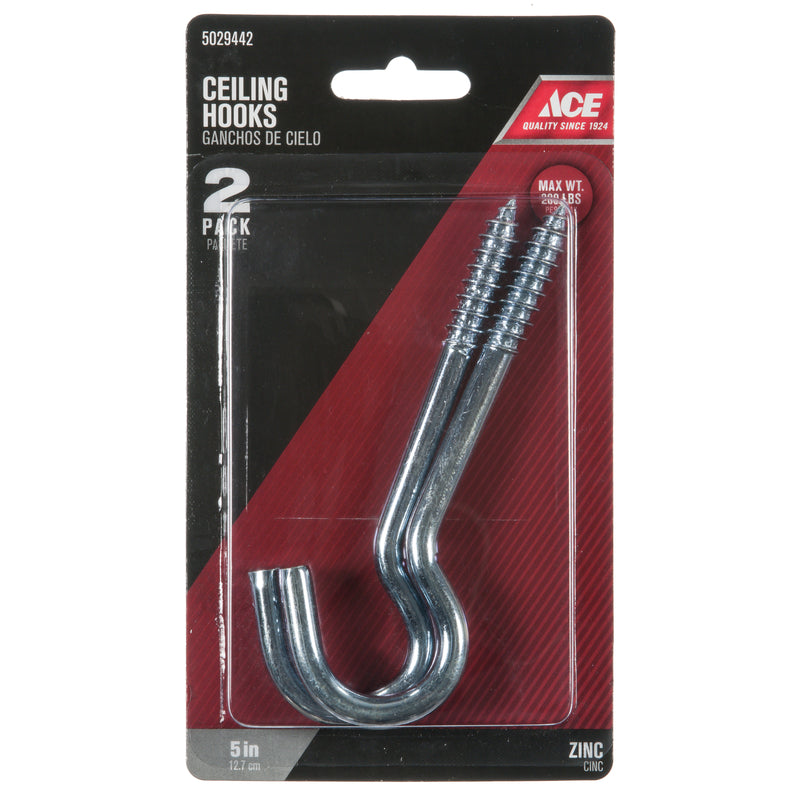 Ace Small Zinc-Plated Silver Steel 5 in. L Ceiling Hook 200 lb 2 pk