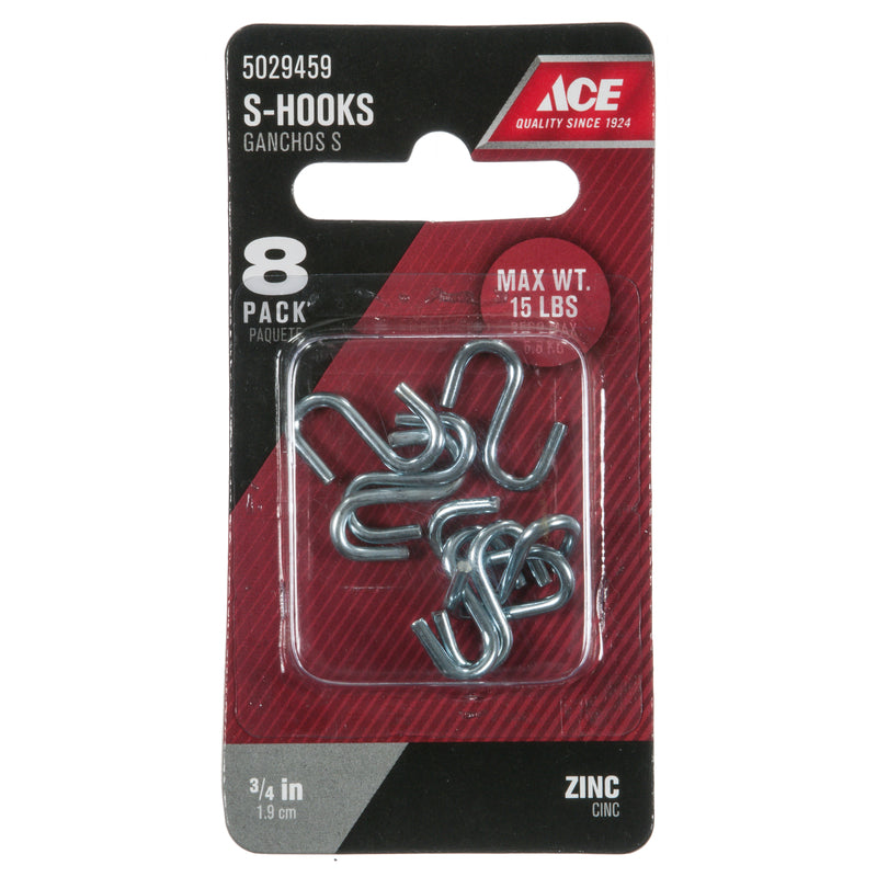 Ace Small Zinc-Plated Silver Steel 0.75 in. L S-Hook 15 lb 8 pk