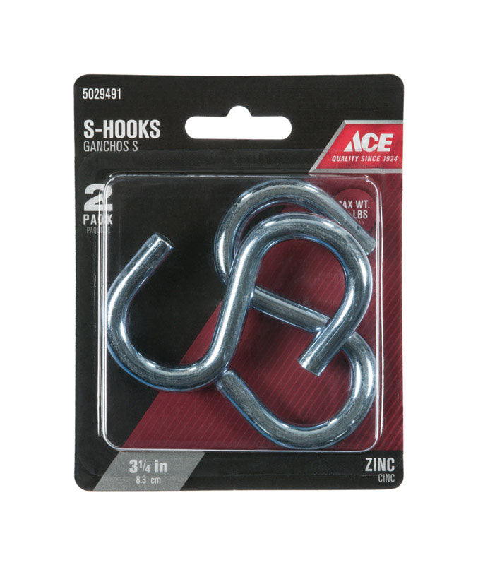 Ace Small Zinc-Plated Silver Steel 3-1/4 in. L S-Hook 240 lb 2 pk