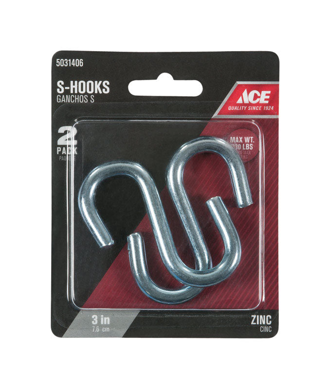 Ace Medium Zinc-Plated Silver Steel 3 in. L S-Hook 230 lb 2 pk
