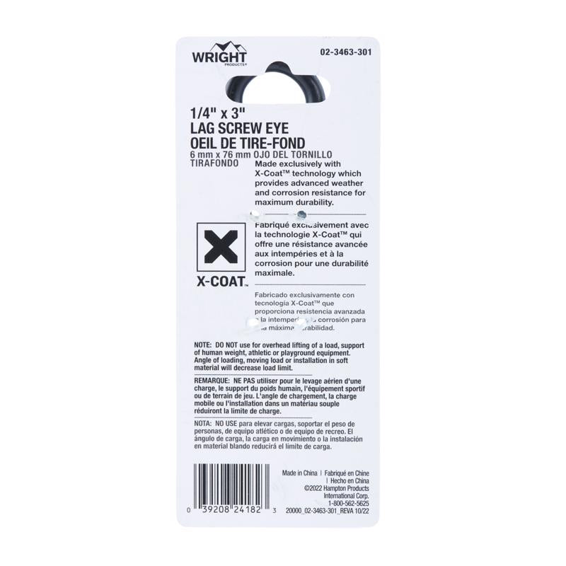 Wright 1/4 in. D X 3 in. L Black Steel Lag Screw Eye 150 lb 1 pk