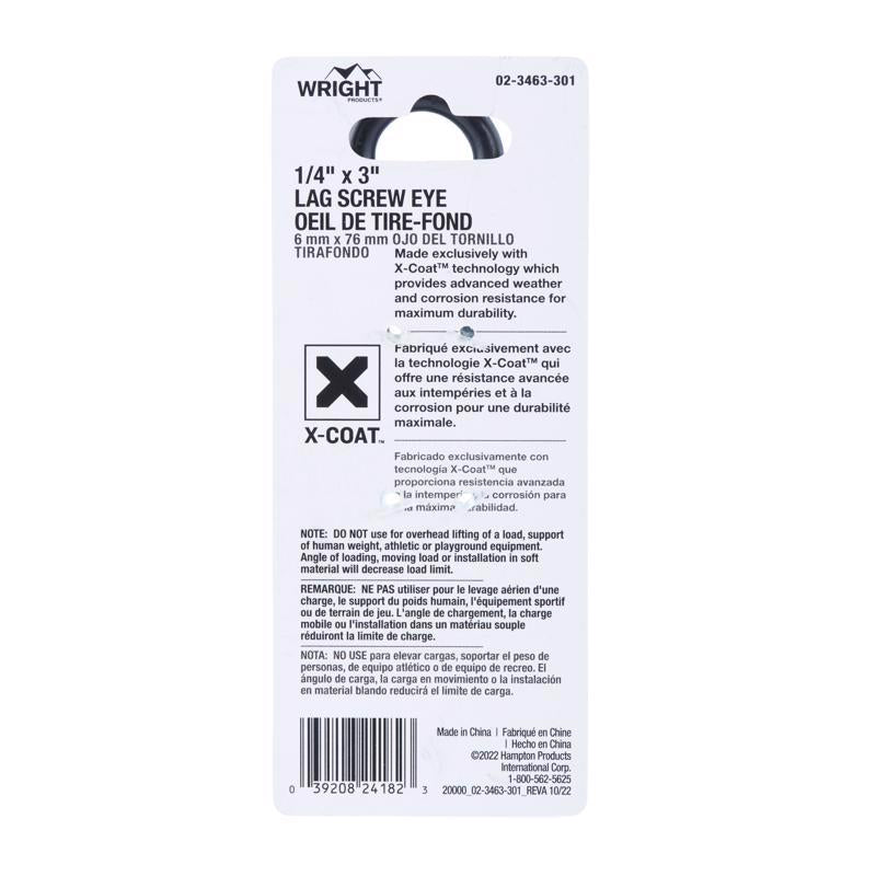 Wright 1/4 in. D X 3 in. L Black Steel Lag Screw Eye 150 lb 1 pk